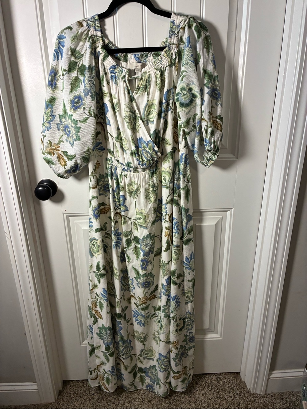LOFT Cream Maxi Dress with Blue and Green Floral Print and Puff Sleeves